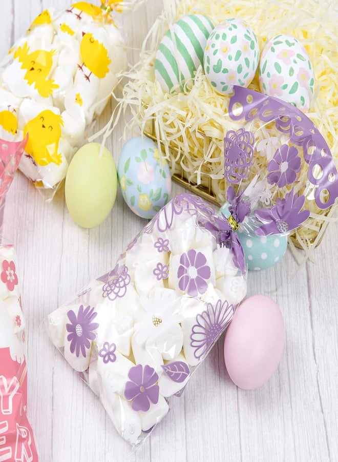 Whaline 160pcs Easter Cellophane Treat Bags with 200pcs Gold Twist Ties, Easter Egg Bunny Colorful Plastic Cello Candy Sweet Gift Chick Flower Bags for Party Table Decor, 4 Designs - Image 3